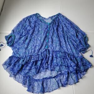 Poupette St Barth Tunic Womens OS Blue Silk Ruffle Tassel Beach Resort Coverup